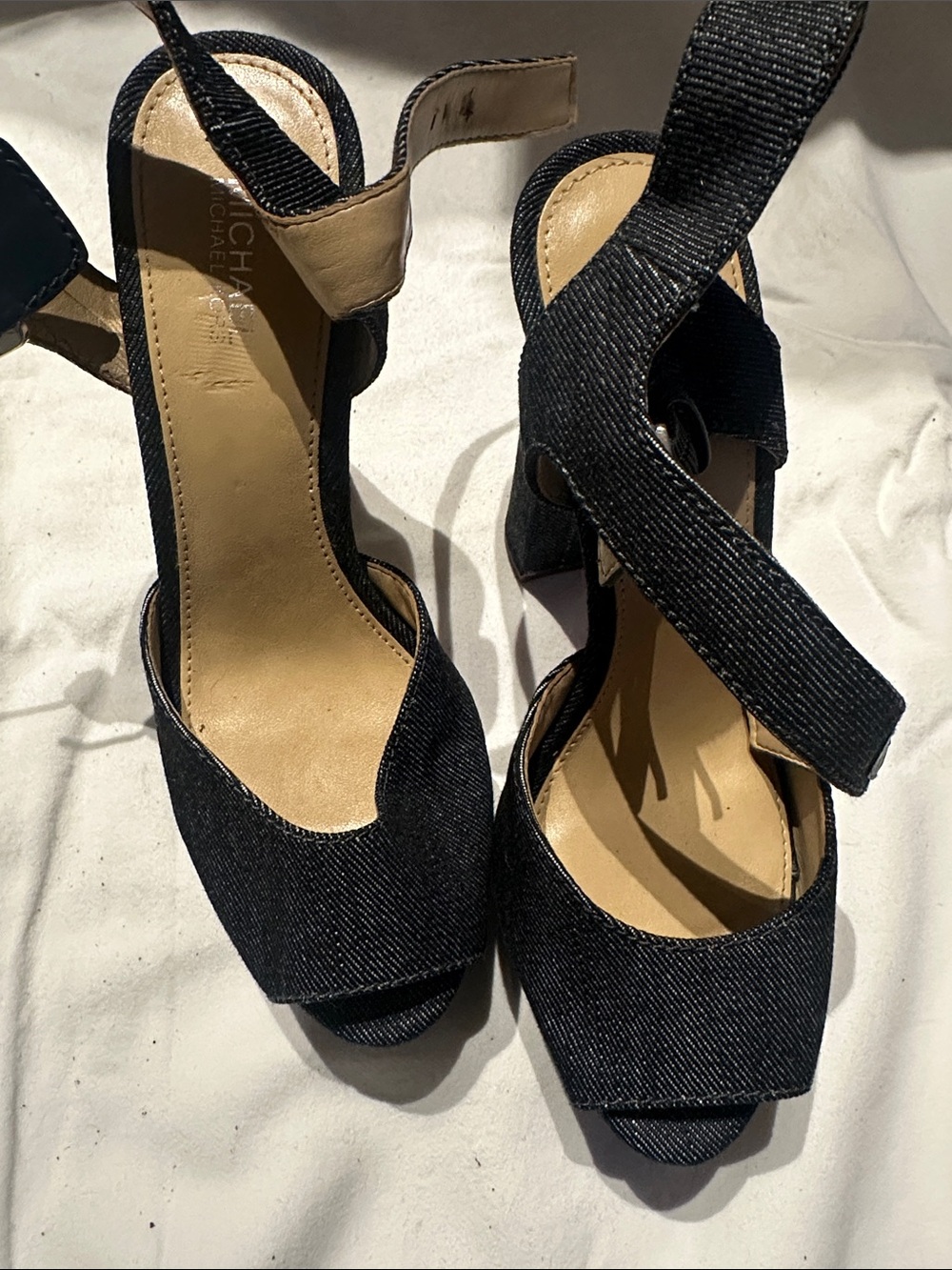 MICHAEL Michael Kors Black Denim Peep-Toe Block Heel Sandals